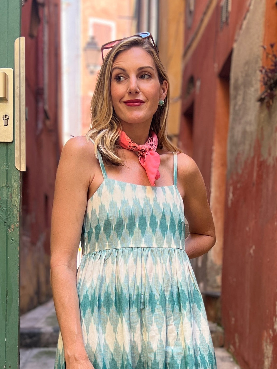 Teal  and White Midi Cotton Summer Strapless Travel Dress - Mata Traders