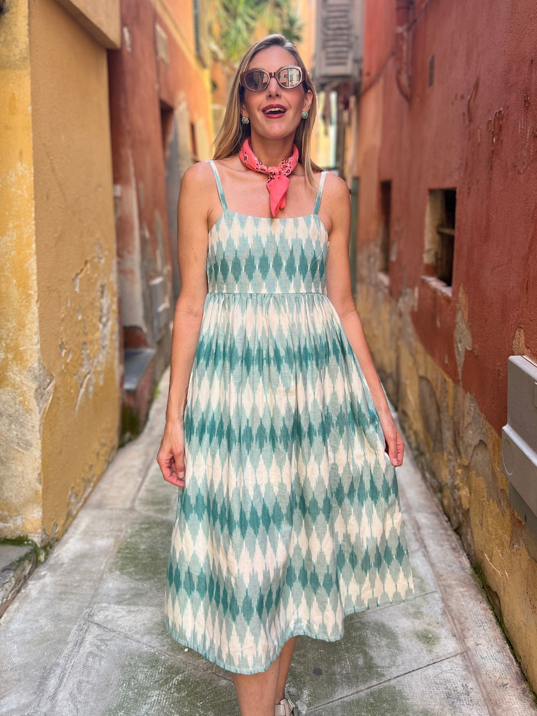 The Perfect Summer Sundress - Teal and White Ikat - Midi Length - Mata Traders