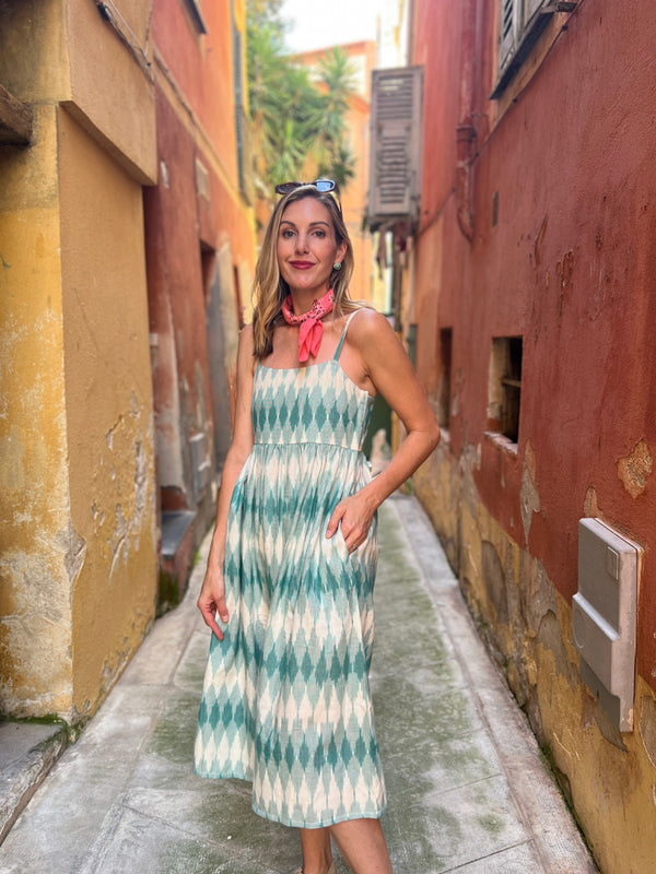 Teal Midi Dress with diamond Ikat Pattern _ Mata Traders