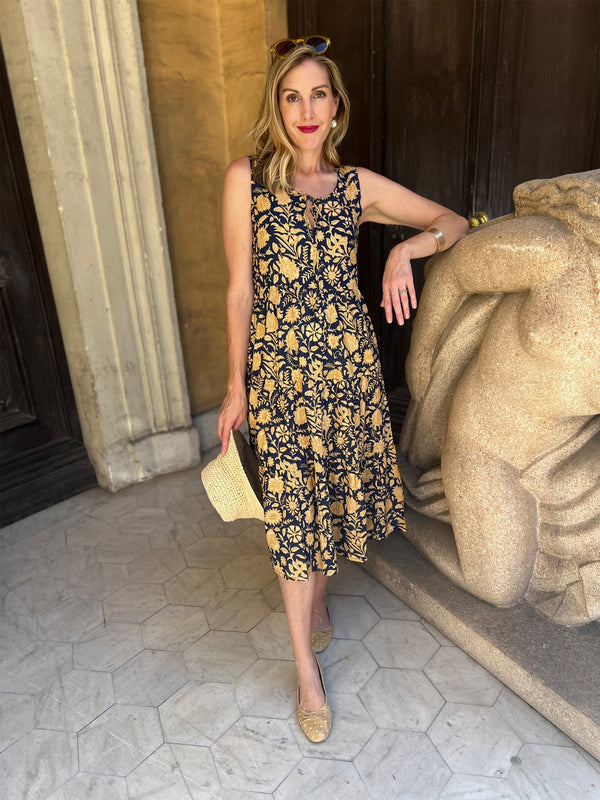 Thais Tiered  Dress Floral - Navy Botanical Print in Blue & Yellow -Mata Traders