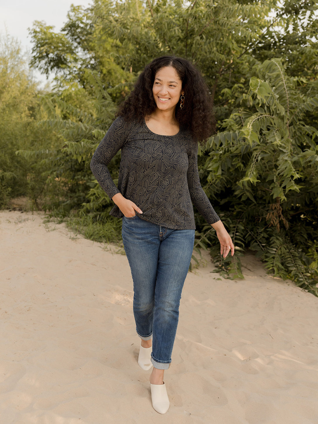Women's Long Sleeve  Cotton Jersey Cozy Day Top  Tree Rings Slate Blue Grey - Mata Traders