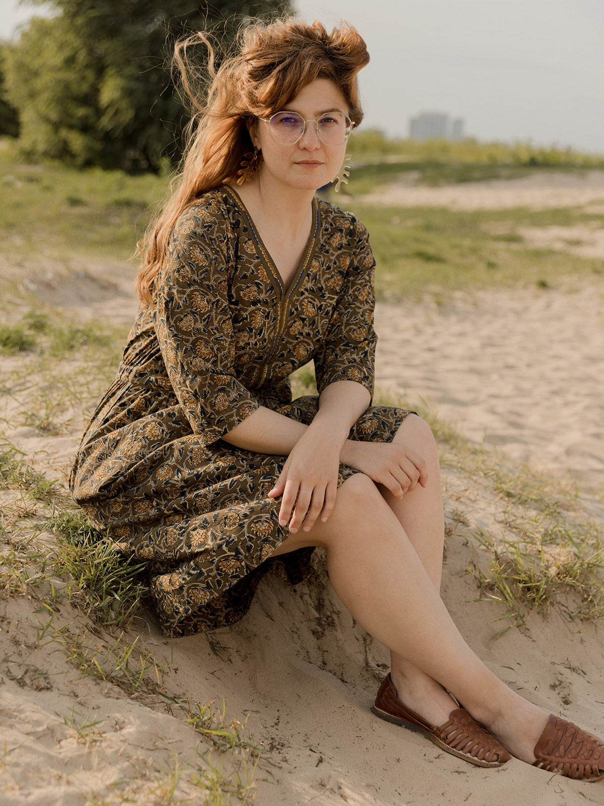 Jaya Half Sleeve Cotton  Dress - Olive Kalamkari - Mata Traders