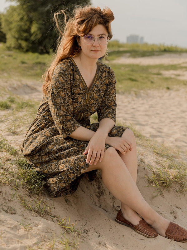 Jaya Half Sleeve Cotton  Dress - Olive Kalamkari - Mata Traders