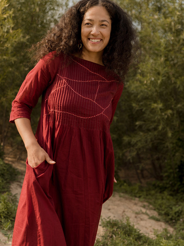 Alma Red Pintucked Dress - Crimson with Pockets - Mata Traders