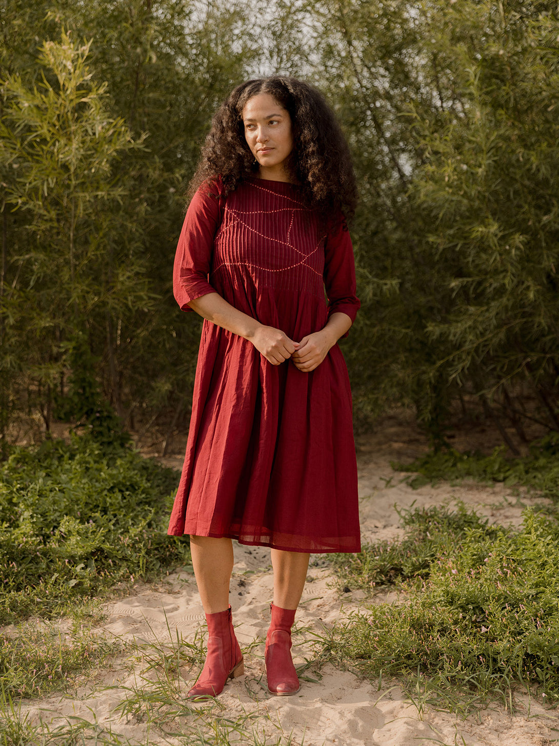 Alma Pintuck Dress with Pockets  - Crimson Red - Mata Traders