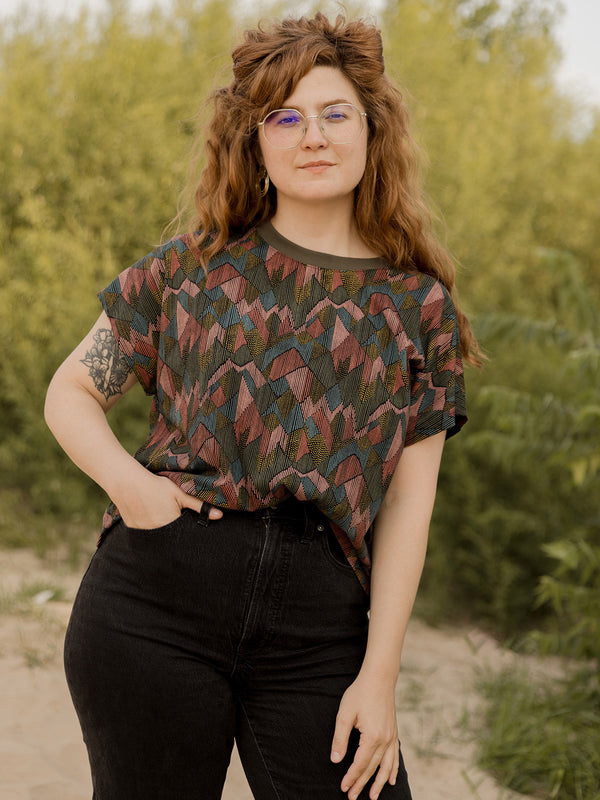 Organic cotton fall stretch top in muted colors abstract jewel print  short sleeve boxy fit - Mata Traders 