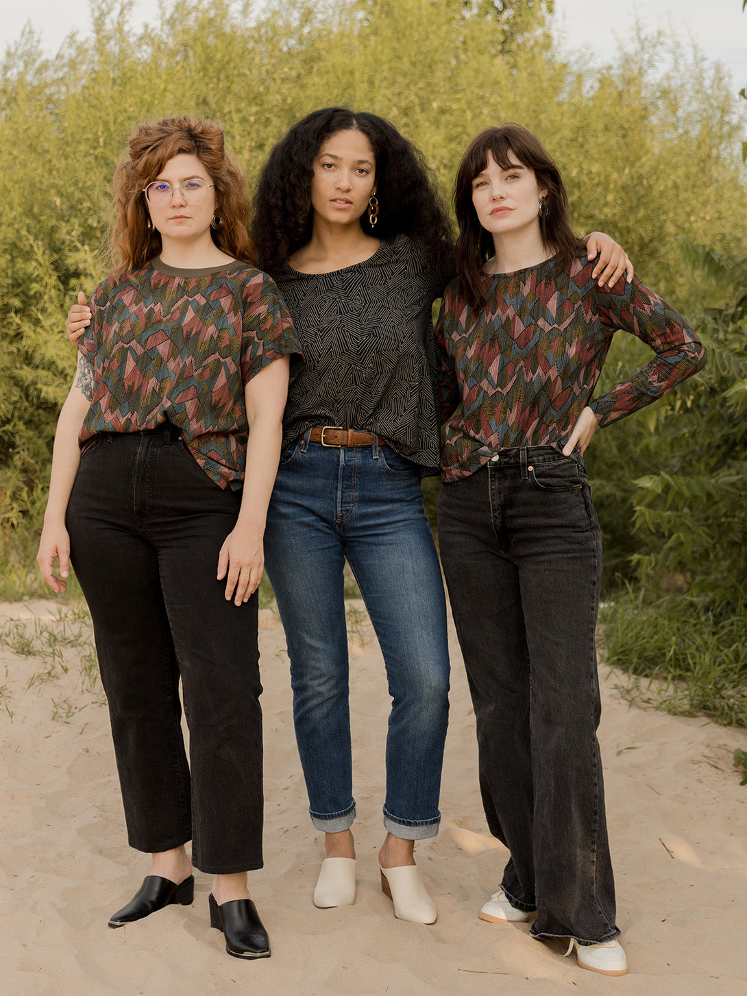 Organic cotton fall stretch top in muted colors abstract jewel print  fall collection on models - Mata Traders 