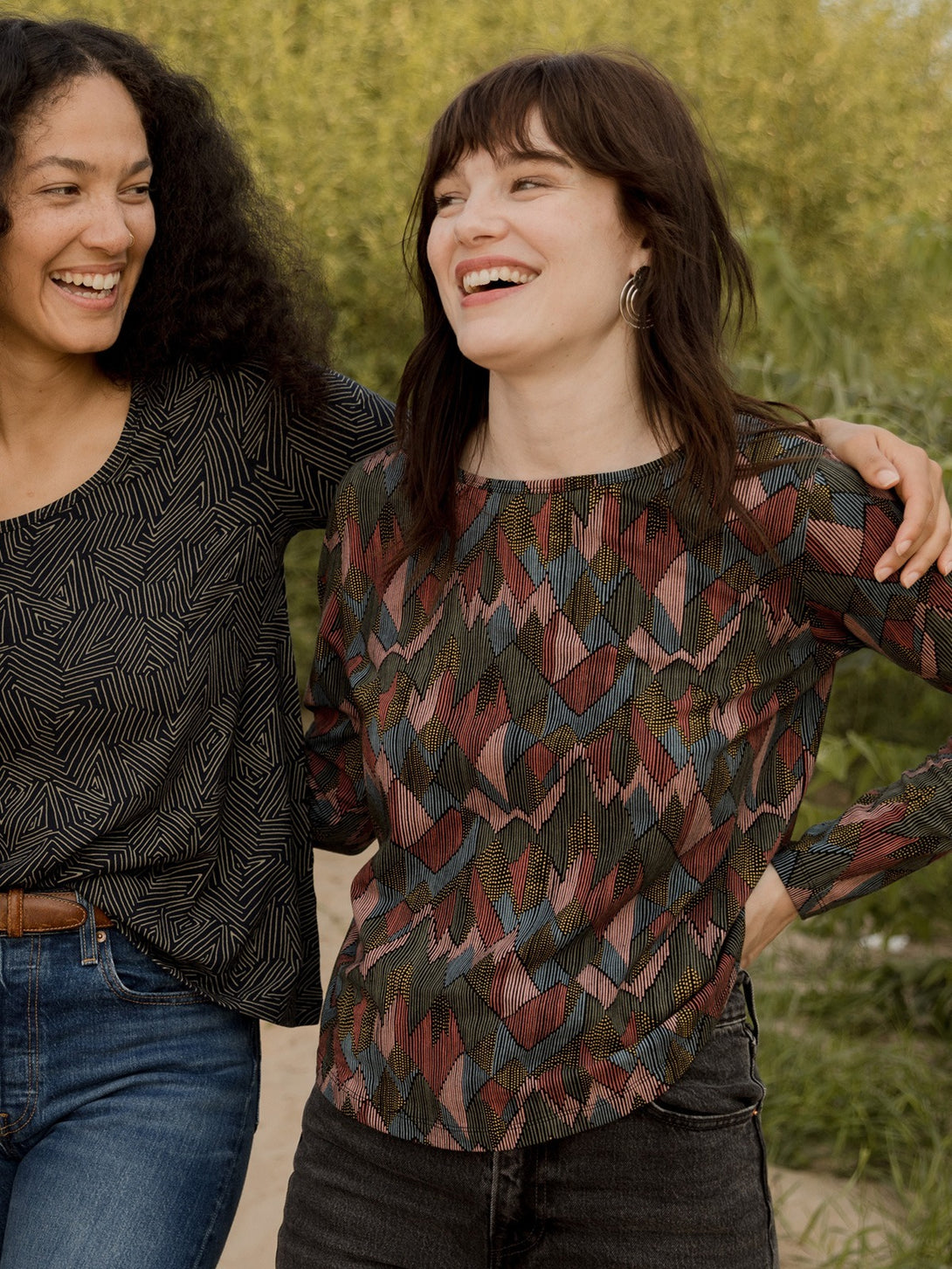 Organic cotton fall stretch top in muted colors abstract jewel print - Mata Traders 