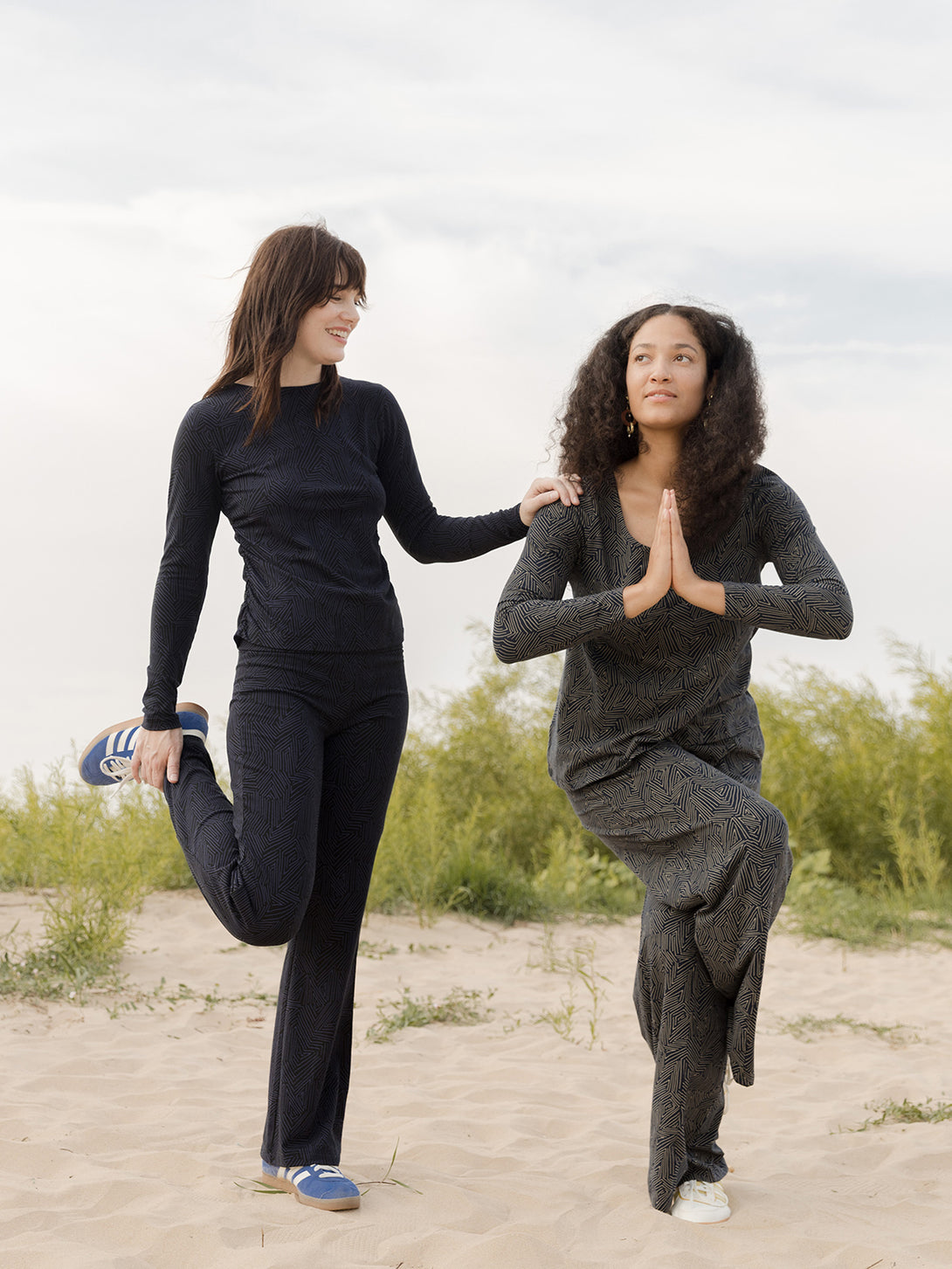 Navy fold over organic cotton women's casual pants  on models at the beach- Mata Traders