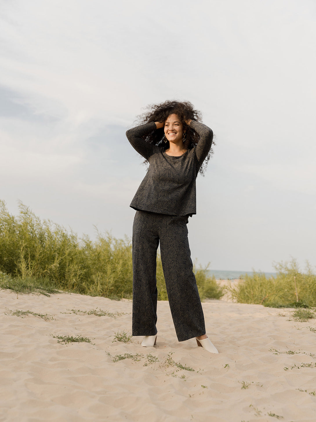 Women's Jersey Pant in Slate Grey Pattern  on Model with matching top - Mata Traders 