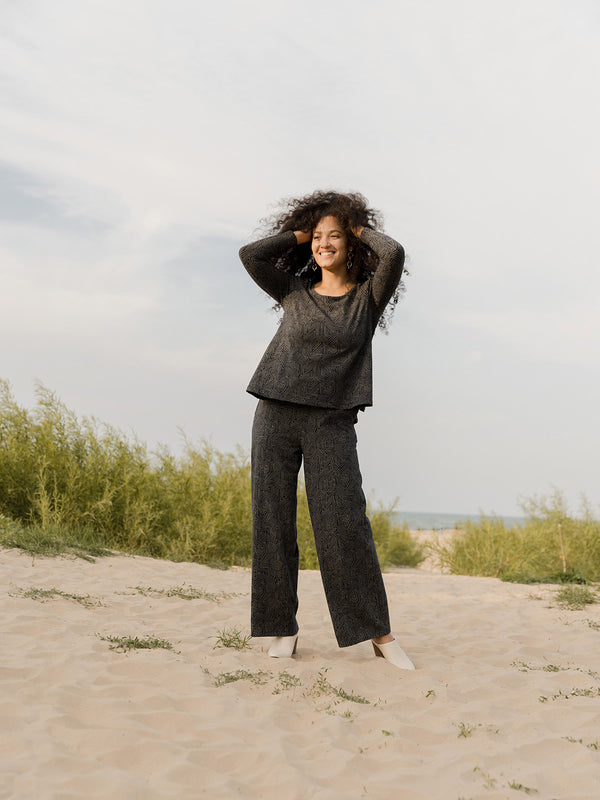 Women's Jersey Pant in Slate Grey Pattern  on Model with matching top - Mata Traders 