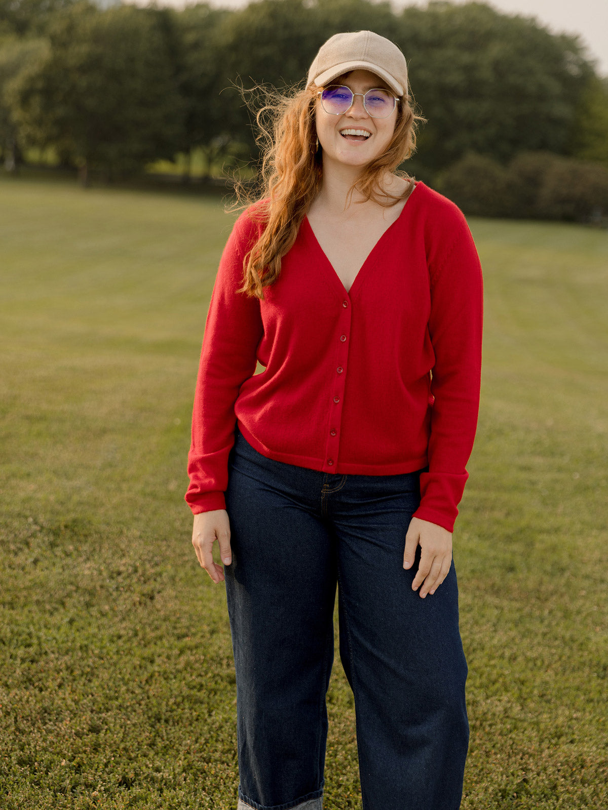 Red Cashmere Cardigan V Neck Sweater on Model - Mata Traders Sustainable Fashion