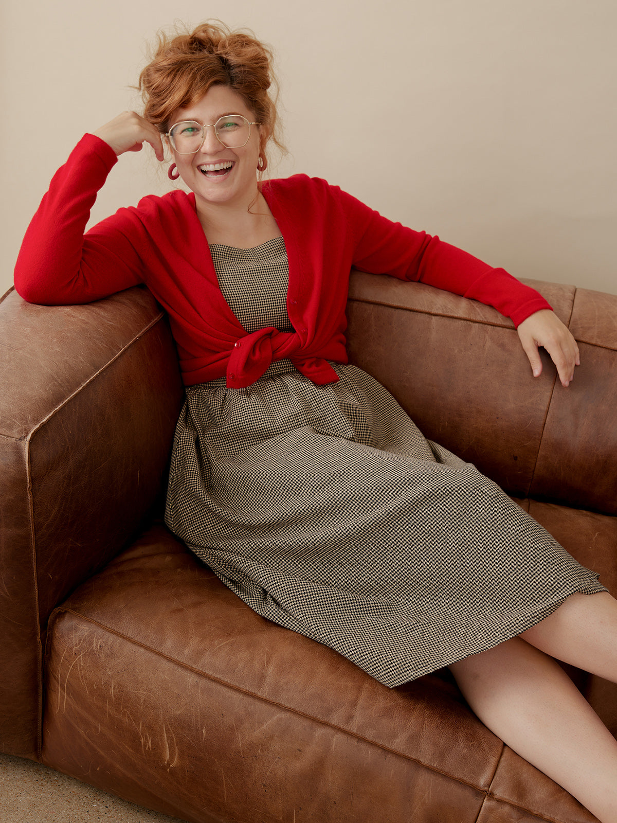 Fair Trade Houndstooth Midi Dress with Red Cashmere Sweater | Mata Traders