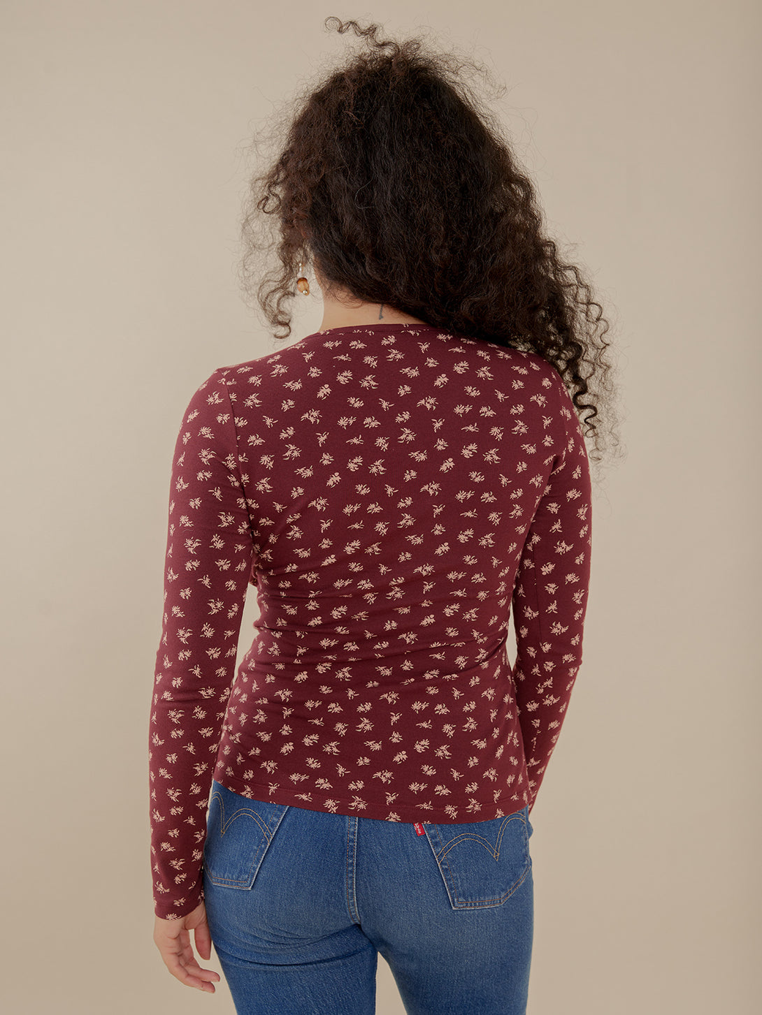 Burgundy Floral Wrap Top Long Sleeve Back View on Model - Mata Traders