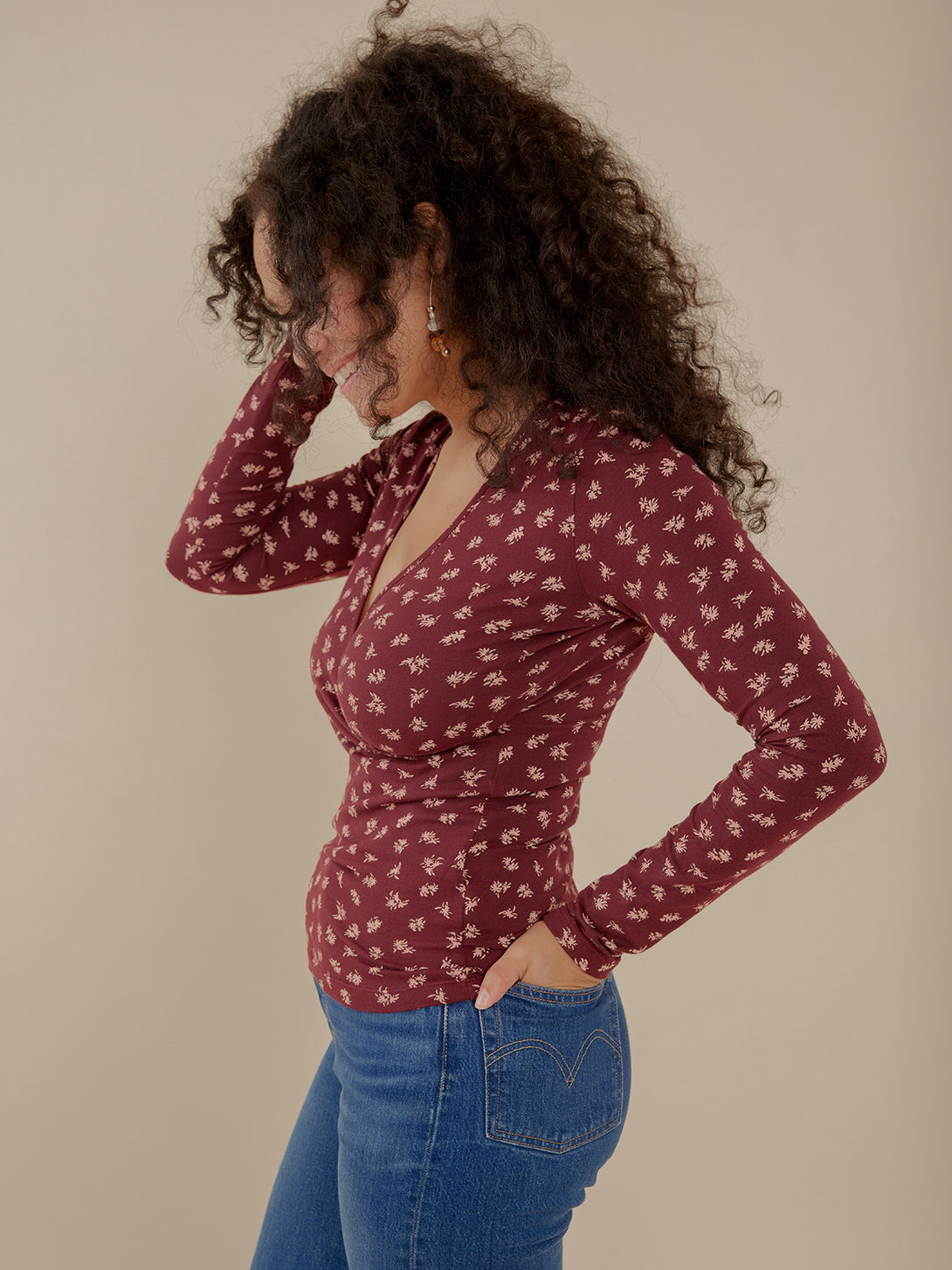 Burgundy Top Women's  Long Sleeve Fitted Jersey Cotton on Model Side View -Mata Traders 