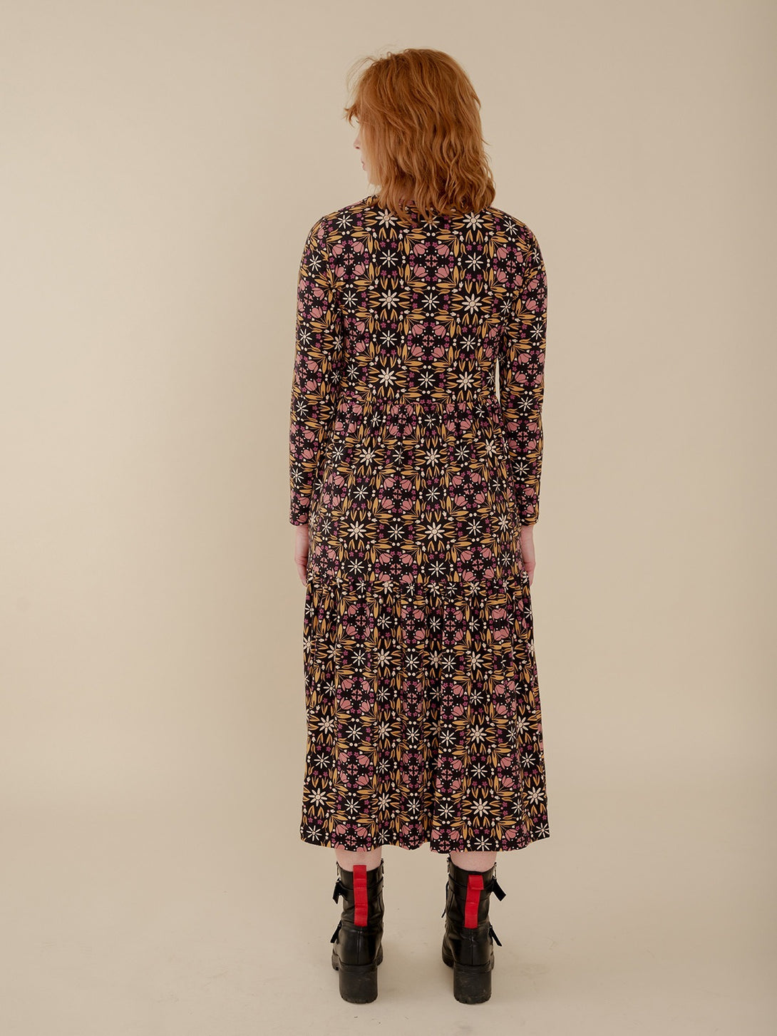 Vintage Inspired Long Sleeve Organic Jersey Abstract Floral Print Dress  - Mata Traders