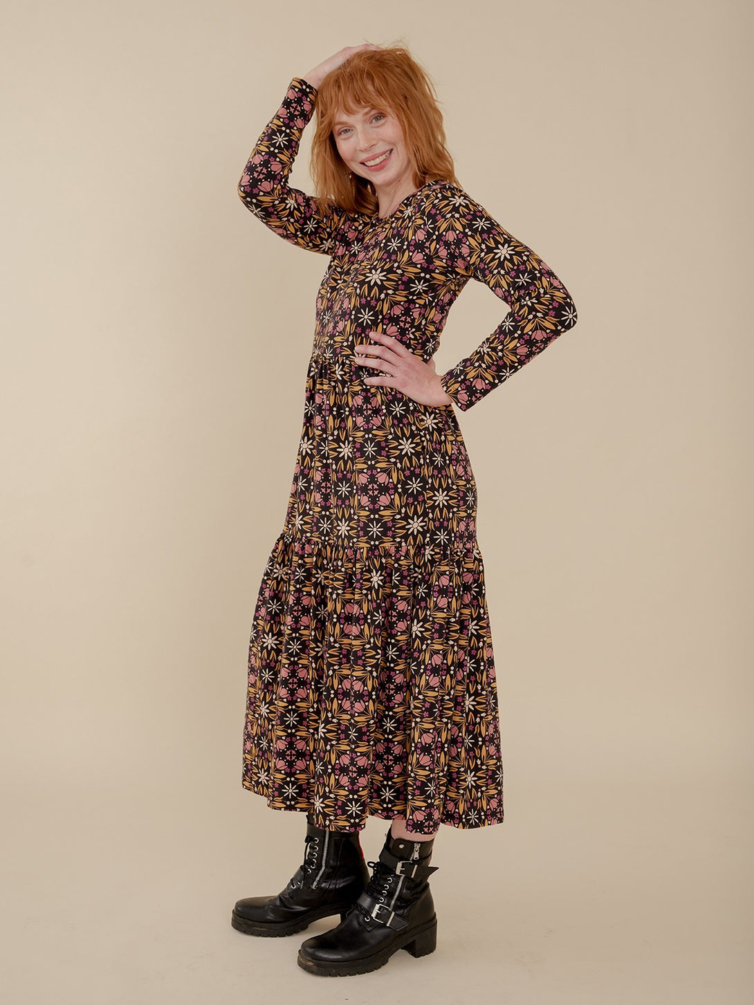 Long Sleeve Retro Print Organic Jersey Cotton Dress - Mata Traders
