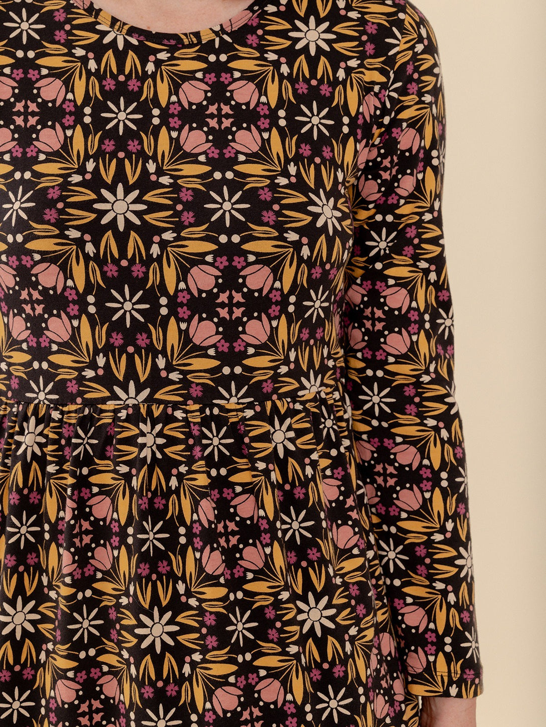 Mirah  Vintage Inspired Floral Repeat Pattern  Organic Cotton Dress Long Leeve Detail - Mauve Tile Print - Mata Traders