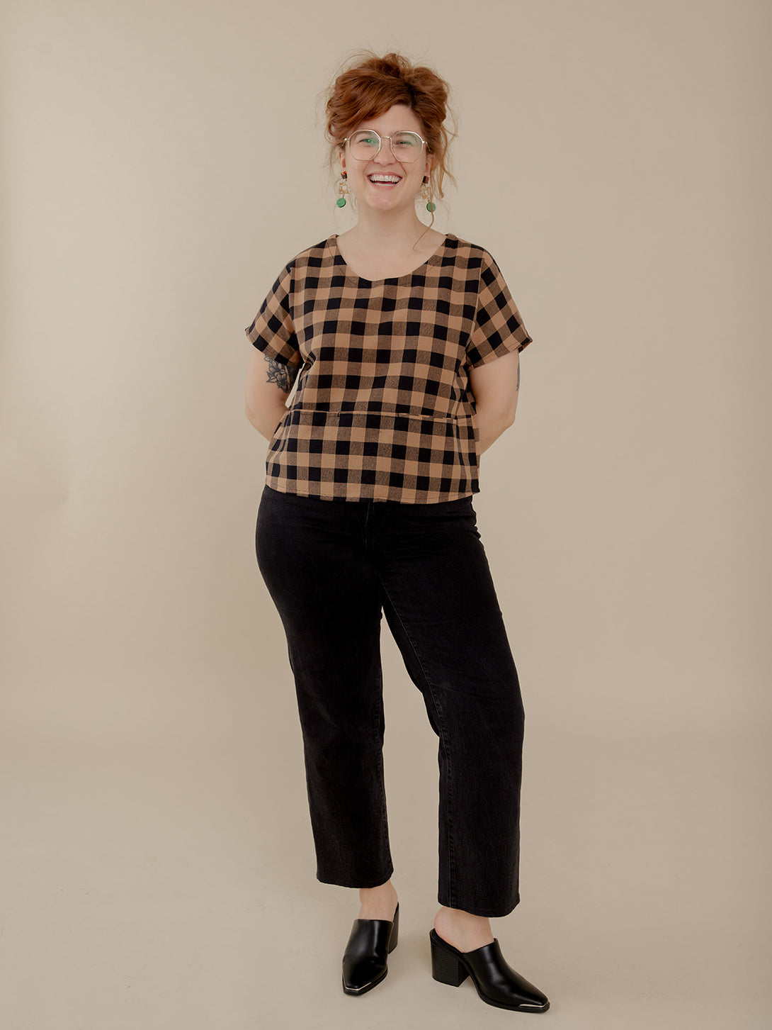 Odelia Top Office Look - Black and Tan Gingham Print - Mata Traders