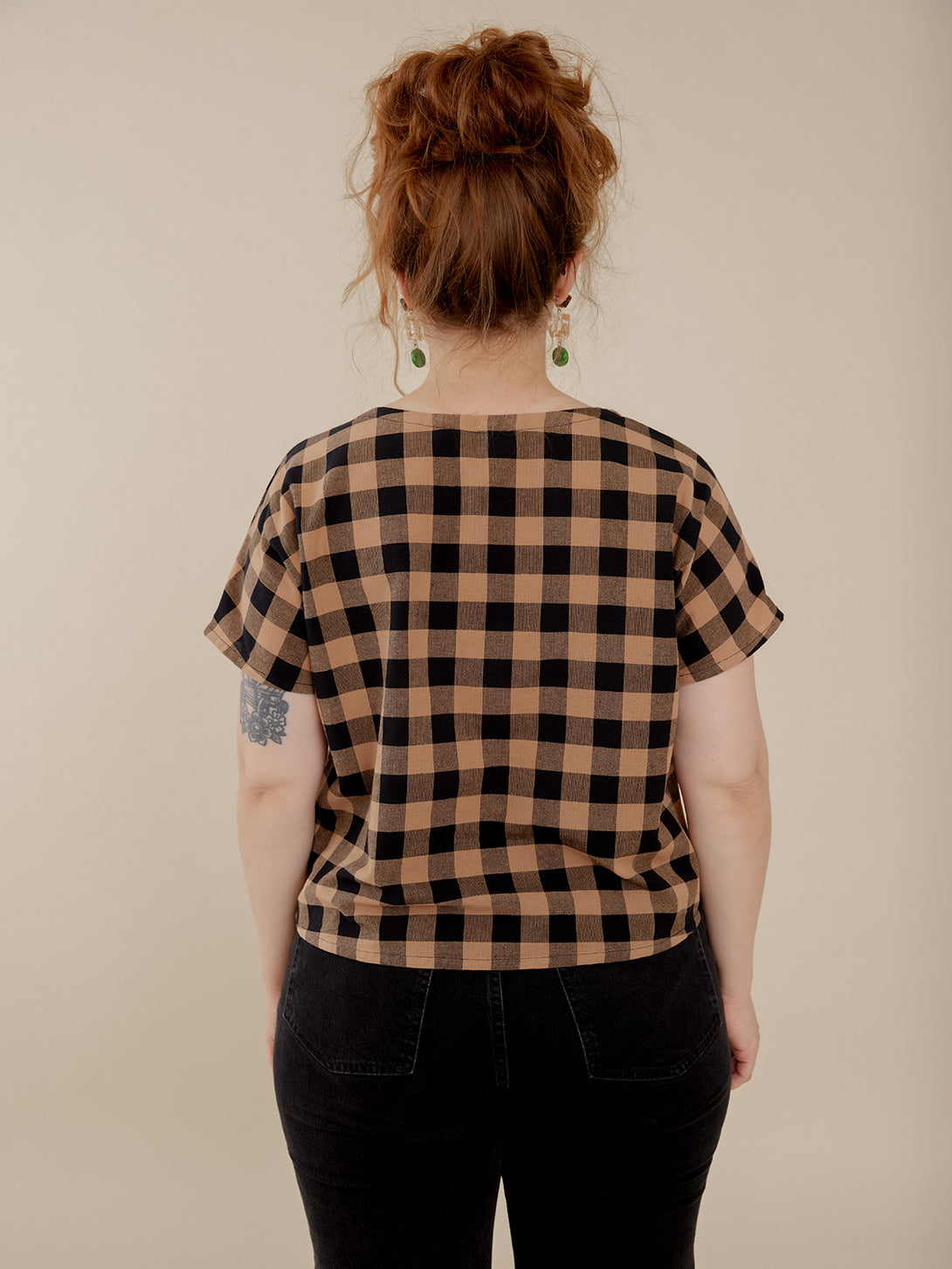 Odelia Top  Back View on Model - Black and Tan Gingham Print - Mata Traders