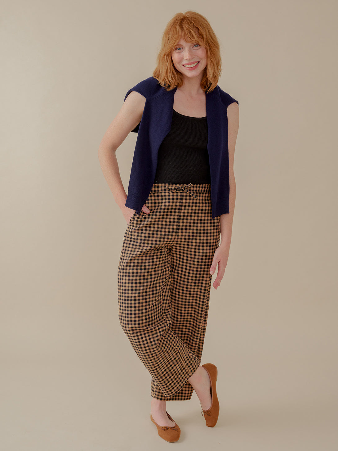 Odelia Pants - Black and Tan Gingham Print with Sweater Styling - Mata Traders