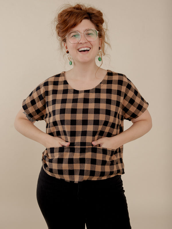 Cotton Fall Top Odelia Top - Black and Tan Gingham Print - Mata Traders