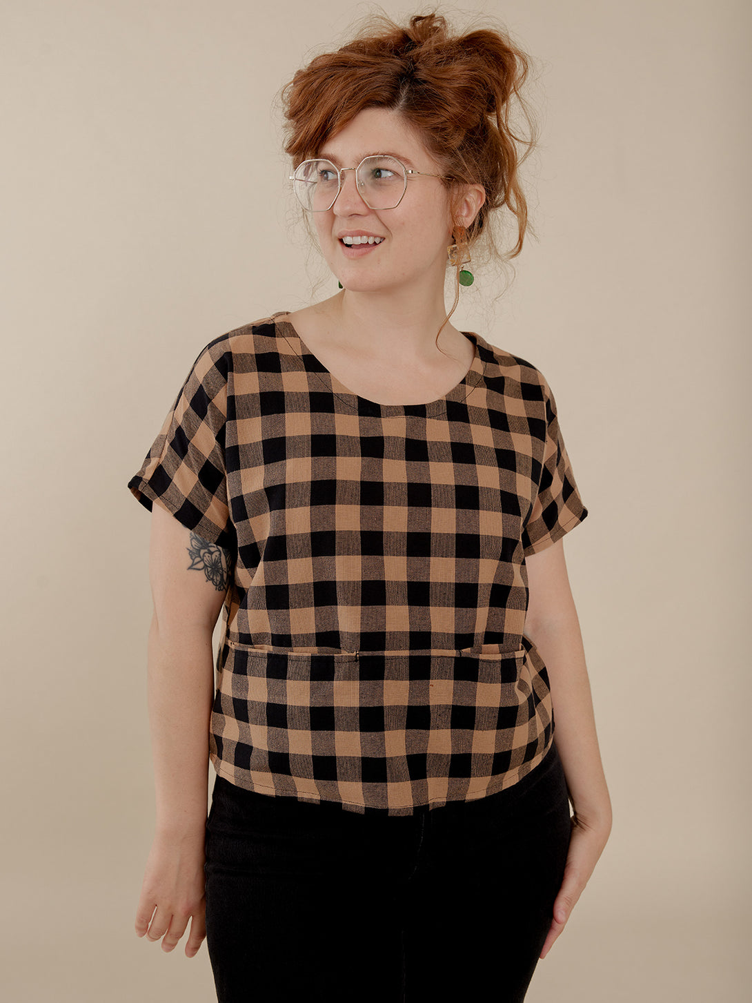 Odelia Top  for Work with Black Pants-  Black and Tan Gingham Top - Mata Traders