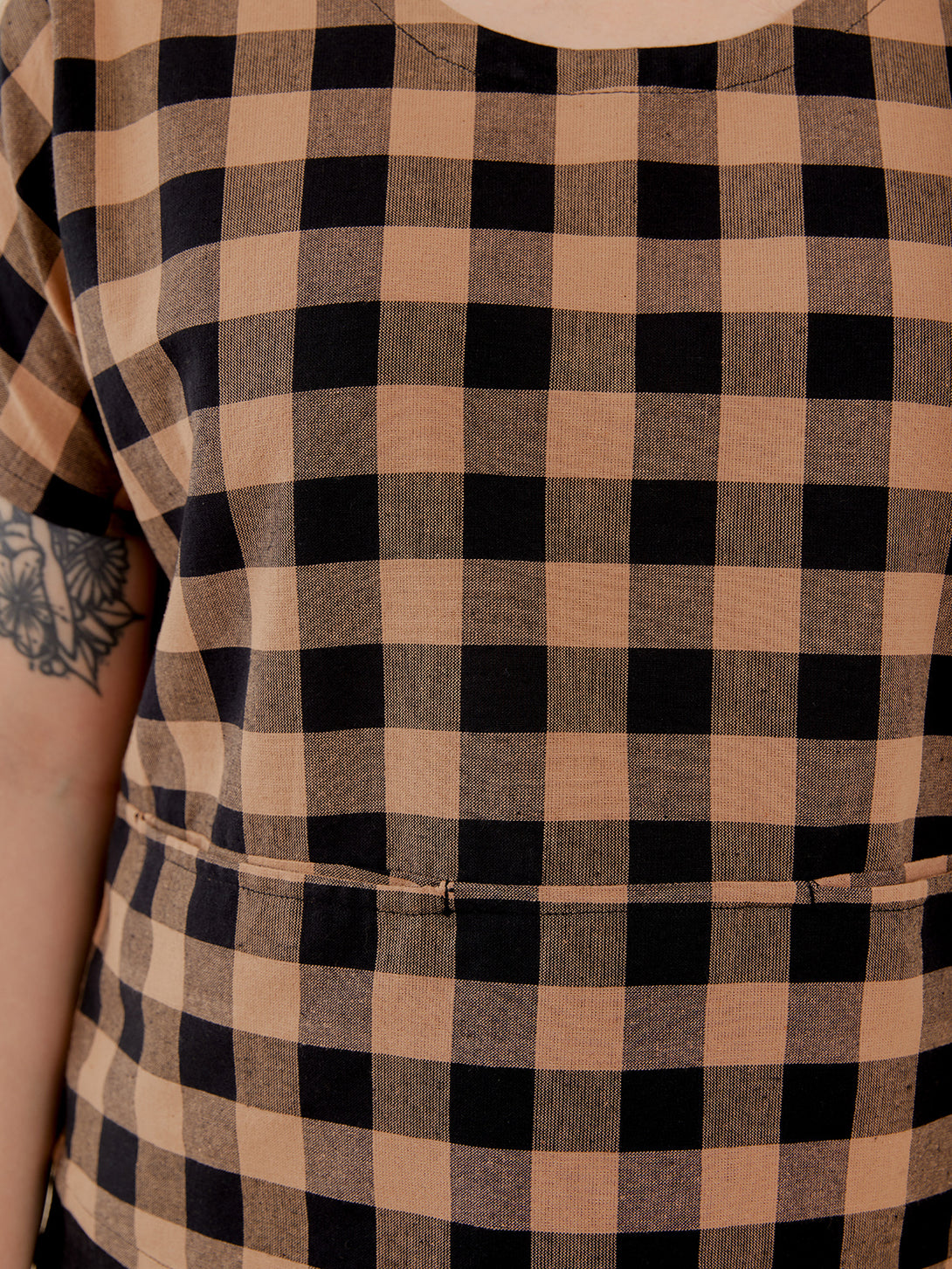 Odelia Cotton Top - Black and Tan Gingham Close-up print  - Mata Traders