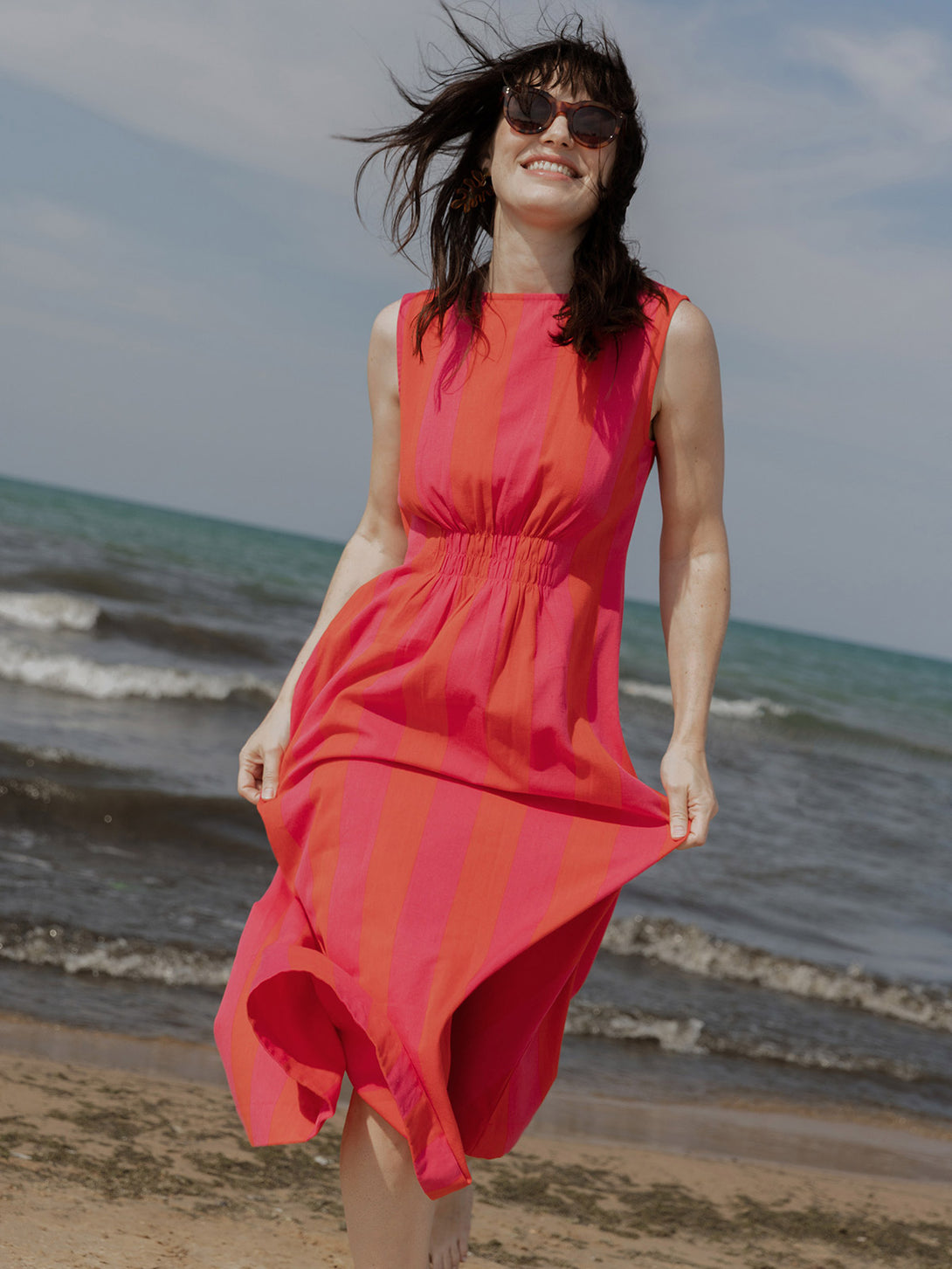 red linen dress Women's Artsy Traveler Sleeveless Midi Dress Pink Red Linen Cotton Pink Red Linen Cotton / 3X