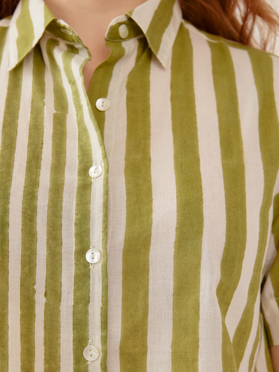 Women's Benji Button Down Short Sleeve Shirt Green Stripe | Fair Trade