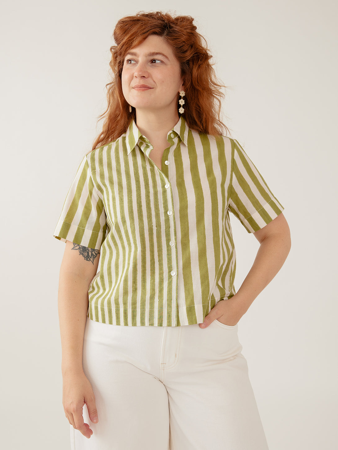 Women's Benji Button Down Short Sleeve Shirt Green Stripe | Fair Trade