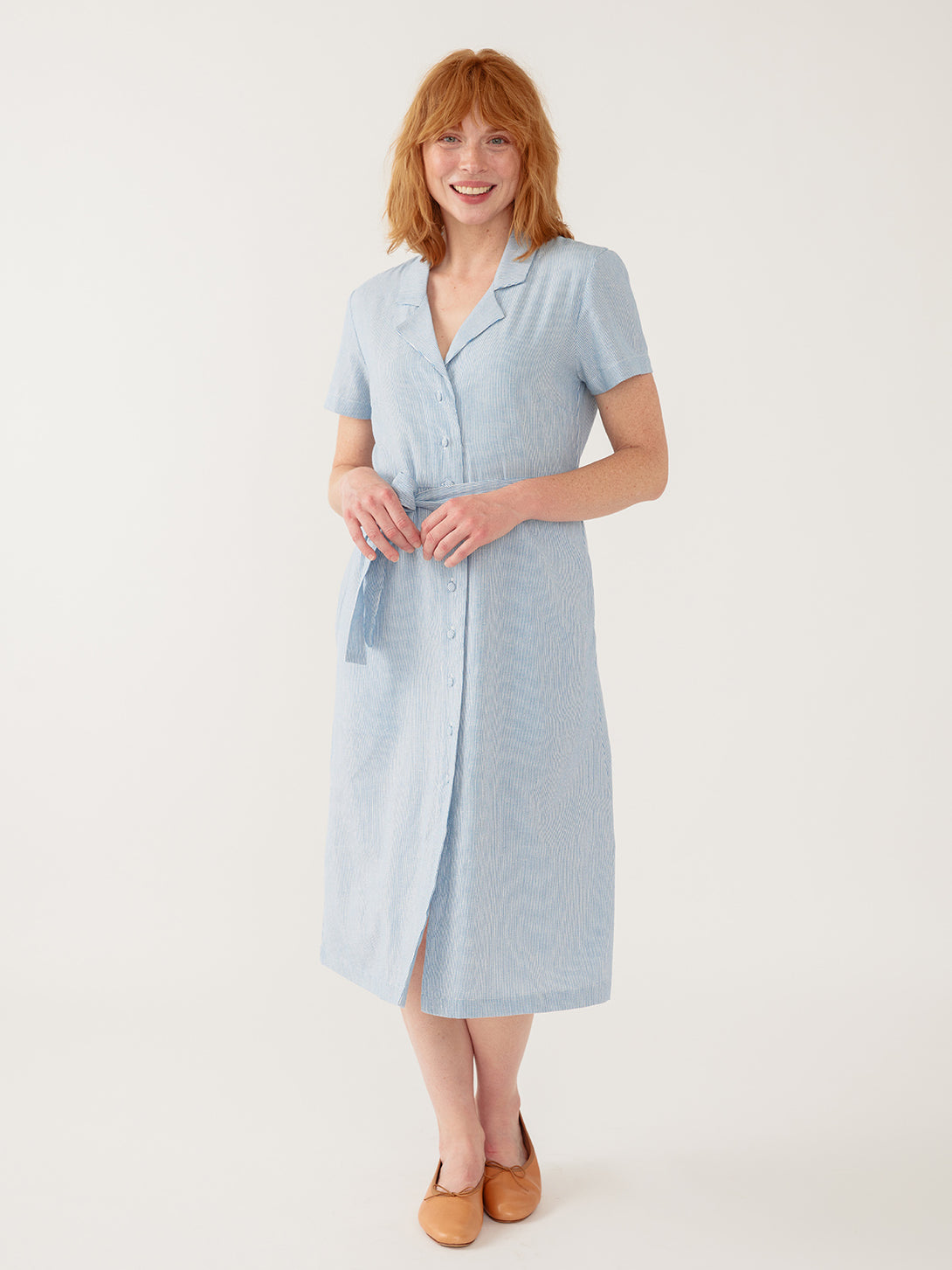Charlie Dress Blue Stripe Linen Cotton | Fair Trade