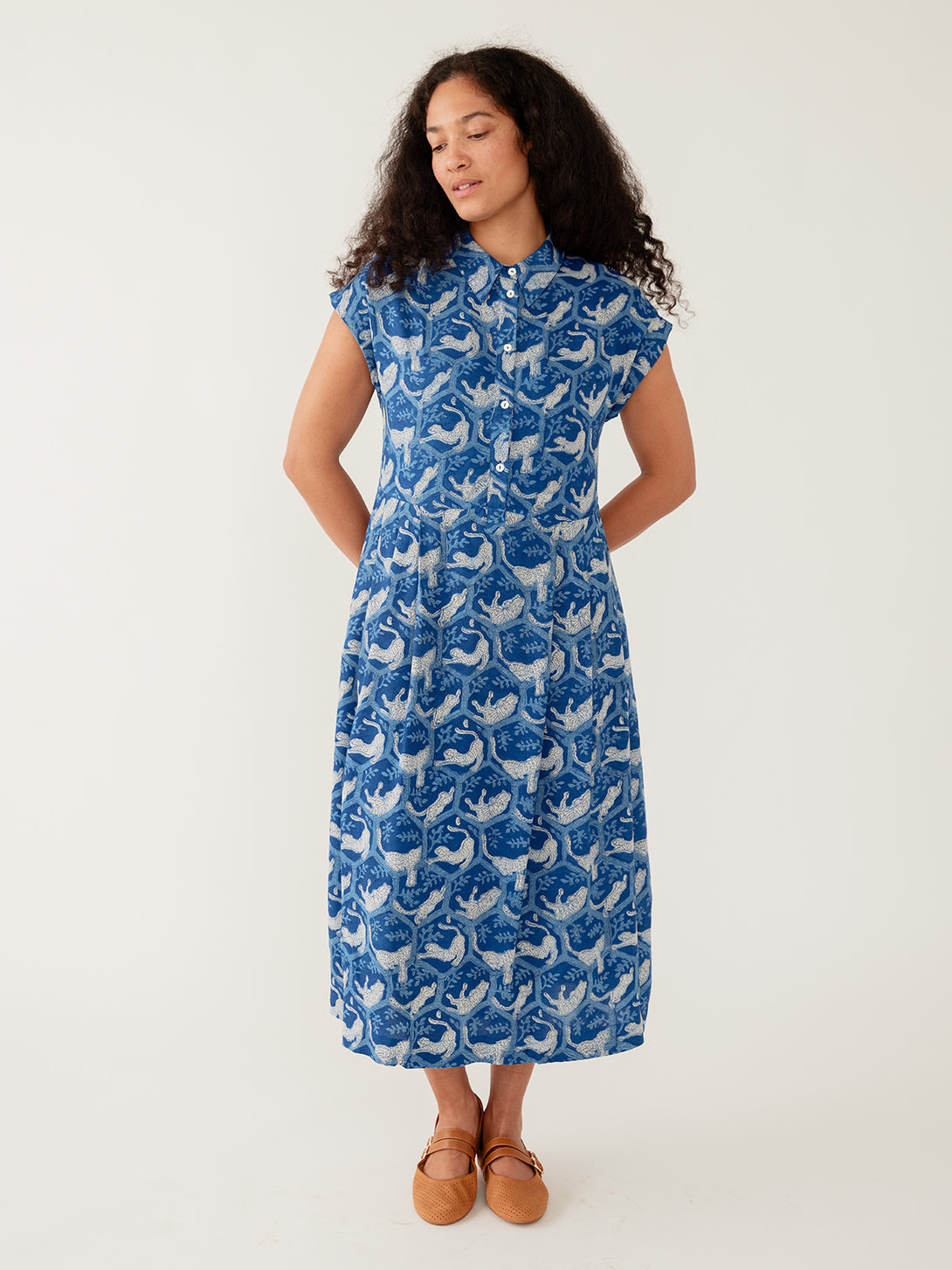 Women's Emily Dress Indigo Blue Tiger Nap | Fair Trade