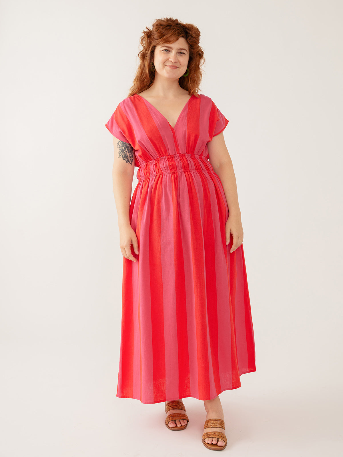 Women's Hattie Dress Pink Red Linen Cotton | Fair Trade