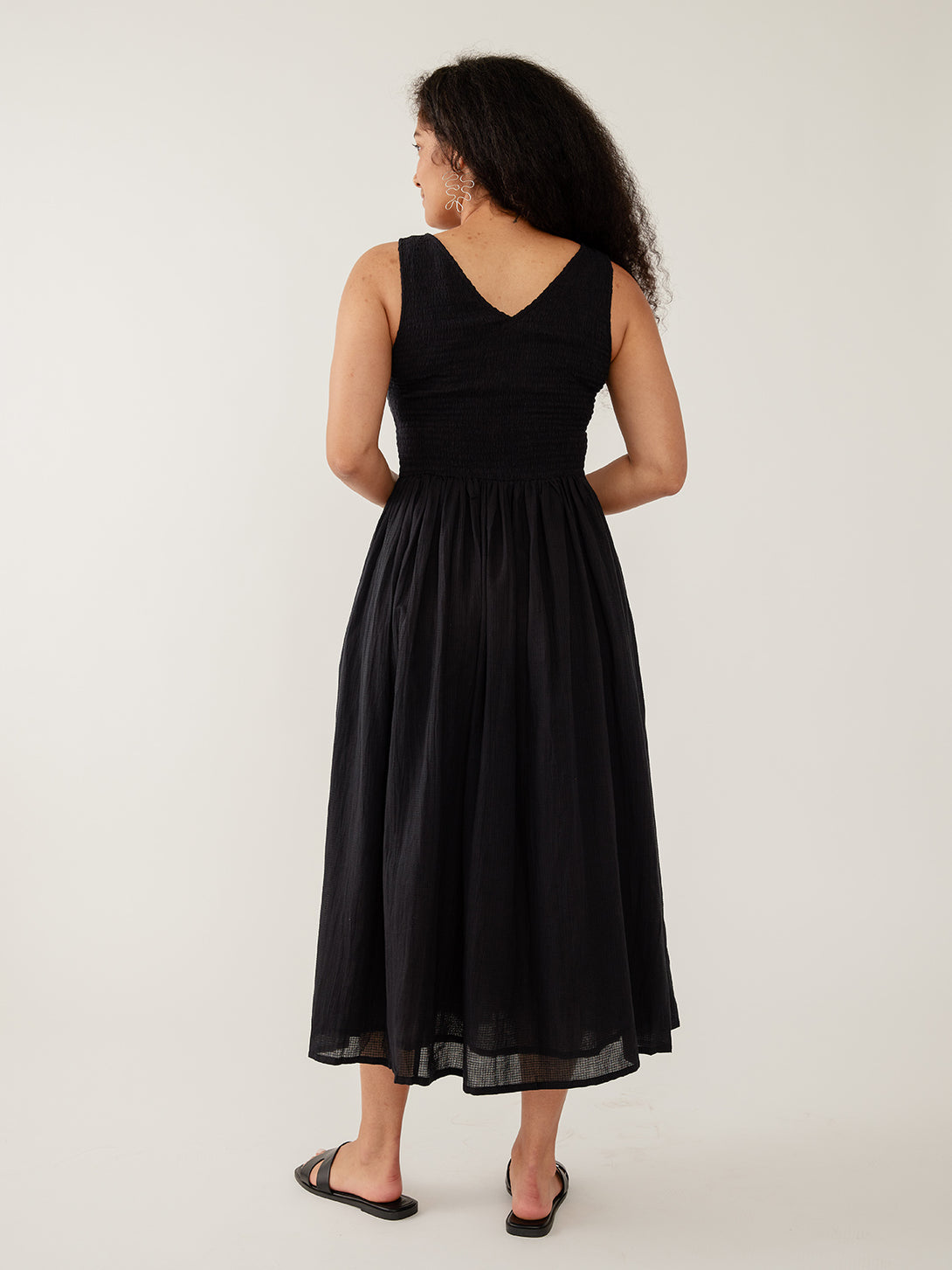 Lily V-Neck Sleeveless Black Dress Textured Check | Fair Trade