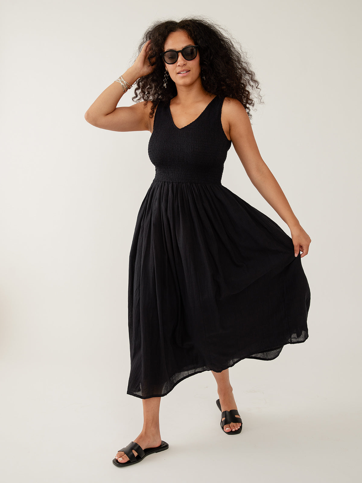 Lily V-Neck Sleeveless Black Dress Textured Check | Fair Trade