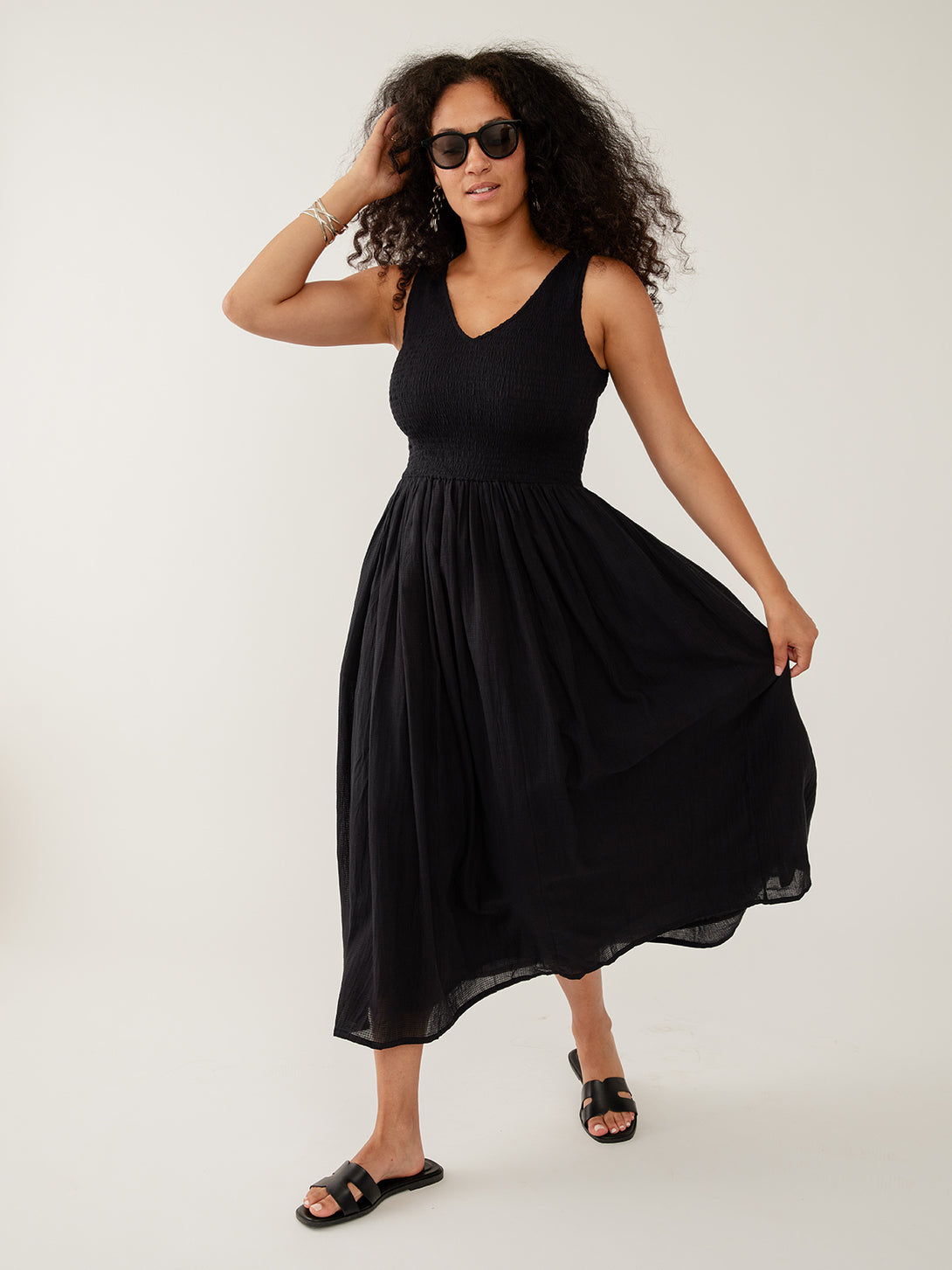 Lily V-Neck Sleeveless Black Dress Textured Check | Fair Trade
