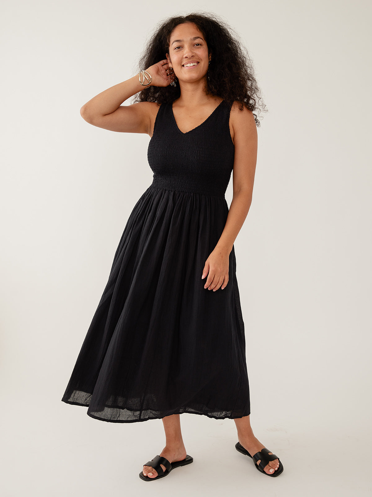 Lily V-Neck Sleeveless Black Dress Textured Check | Fair Trade
