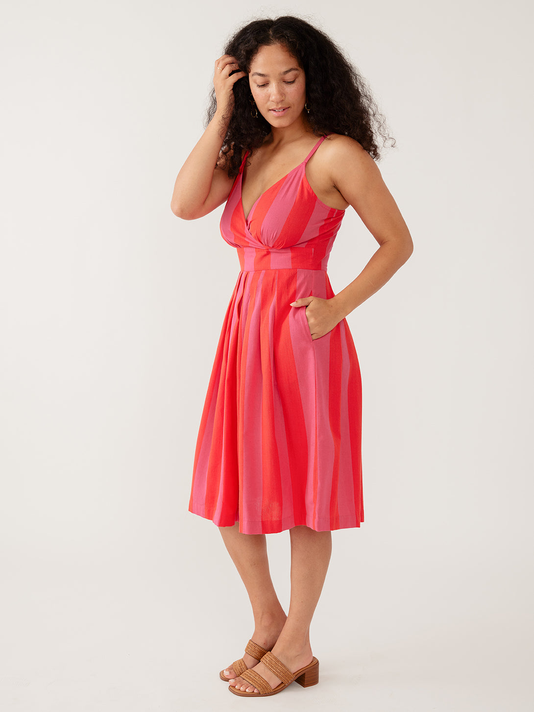 Women's Bright Lola Dress Pink Red Linen Cotton | Fair Trade