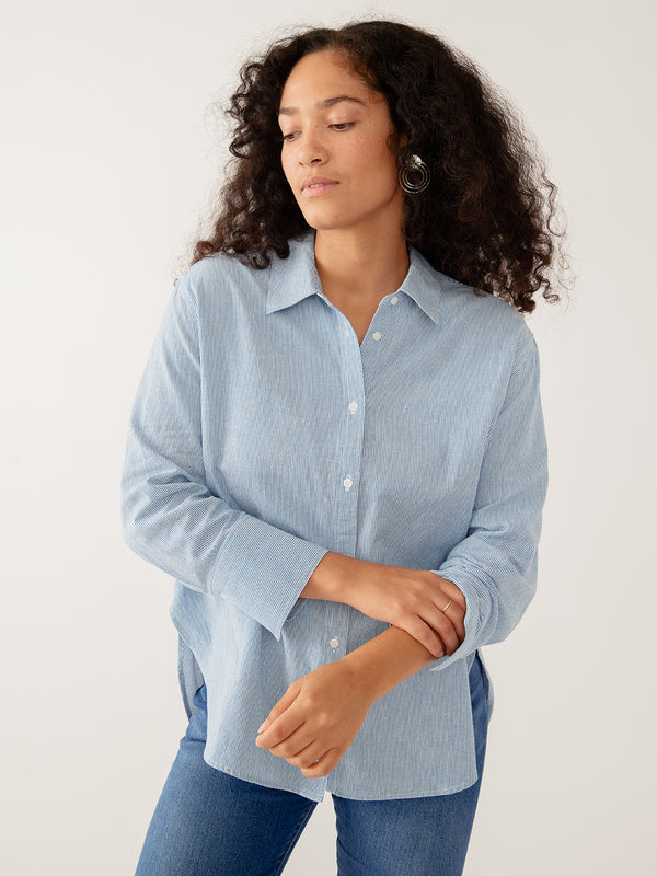 knee length dresses for ladies Mae Linen Blend Shirt Dress-Navy