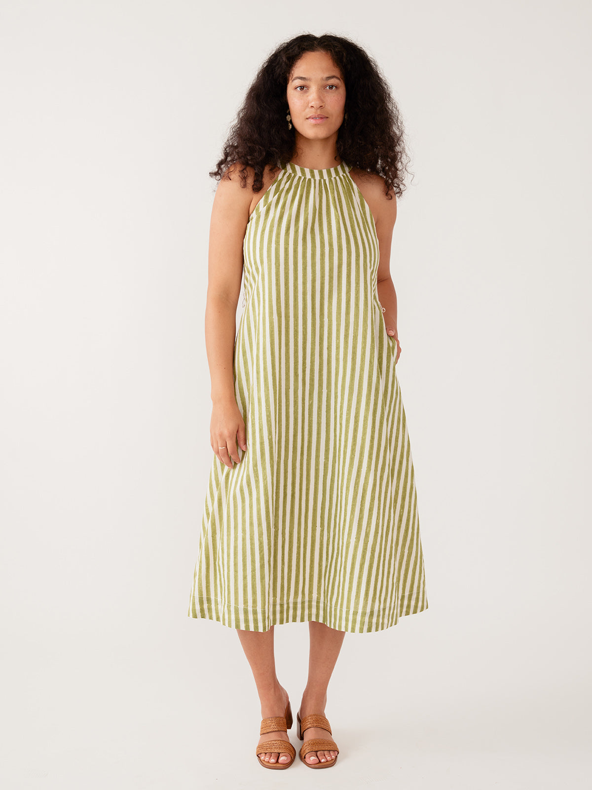 サラマリカCotton Aari Embroidery Stripe Dress Women's Miranda Dress Green Stripe | Fair Trade | Mata Traders