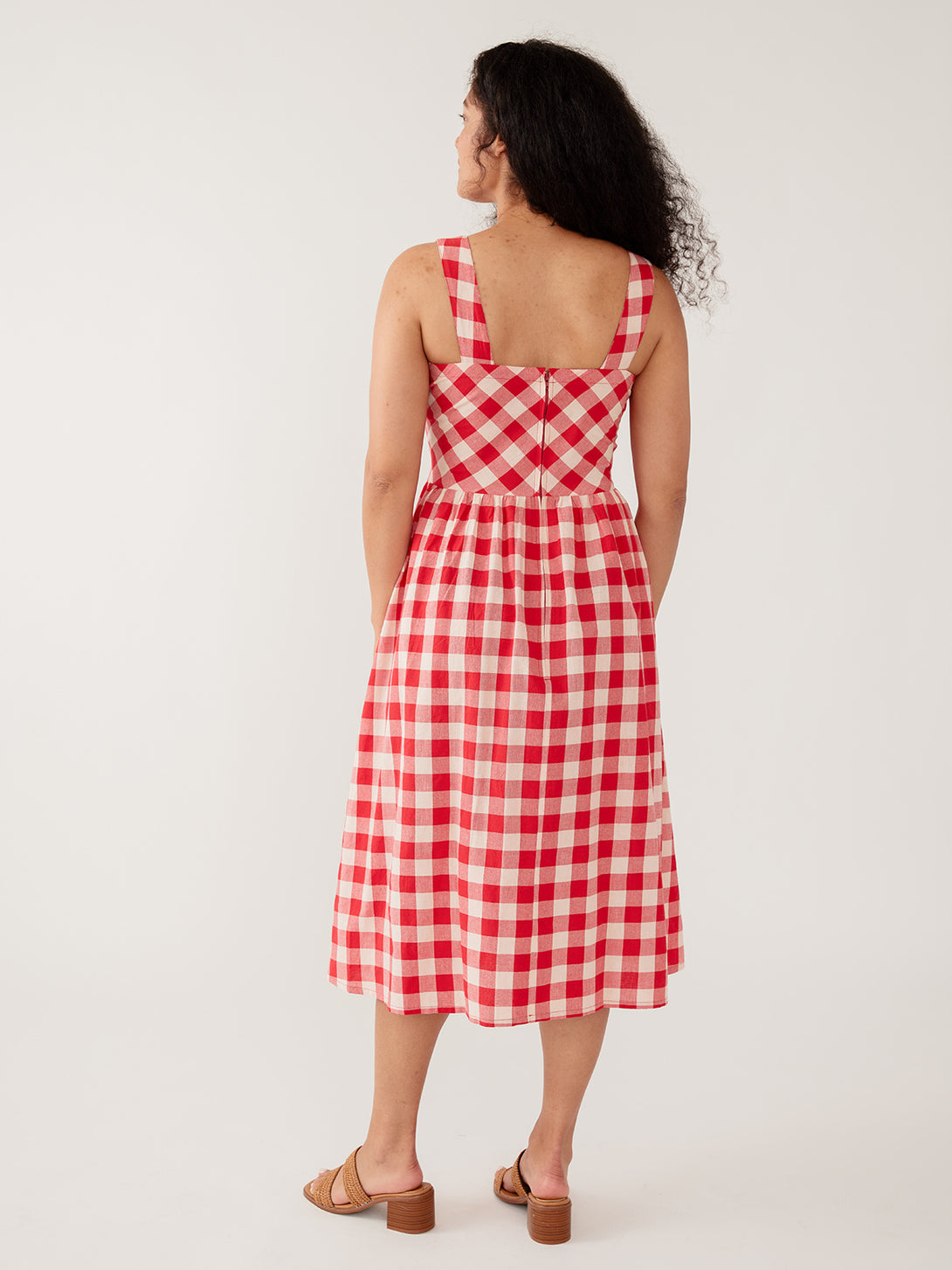 Women's Nikita Wide Strap Midi Dress Red Gingham | Fair Trade