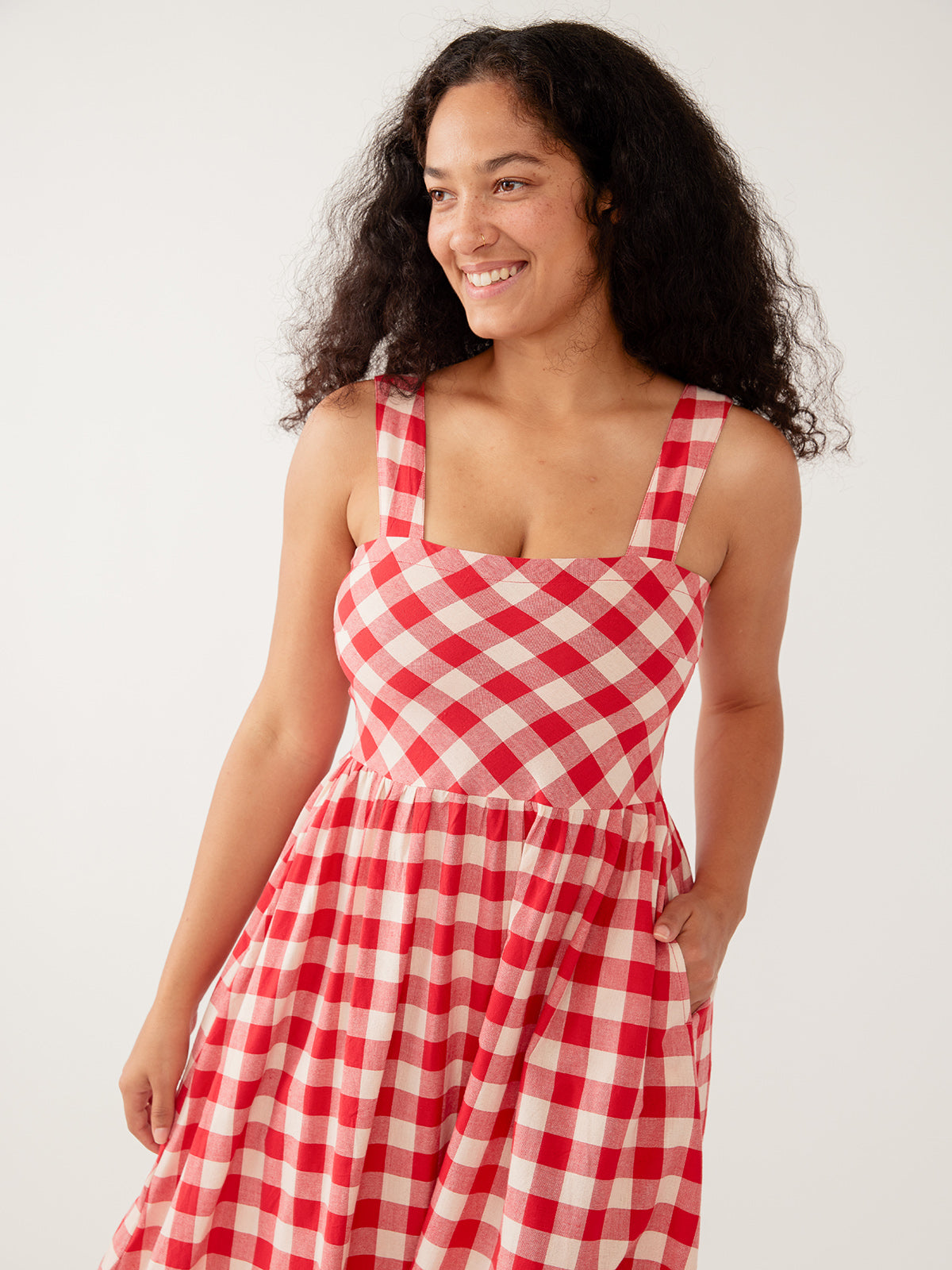 Women's Nikita Wide Strap Midi Dress Red Gingham | Fair Trade