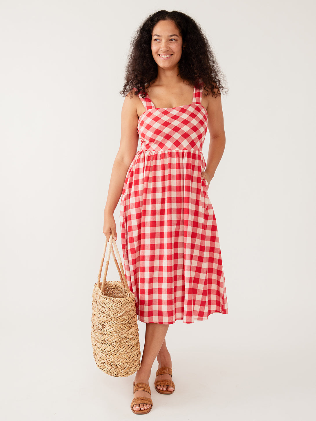 Women's Nikita Wide Strap Midi Dress Red Gingham | Fair Trade