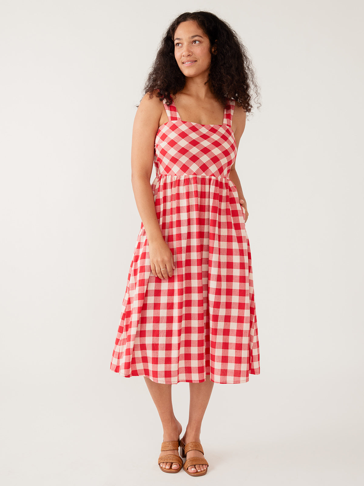 Women's Nikita Wide Strap Midi Dress Red Gingham | Fair Trade