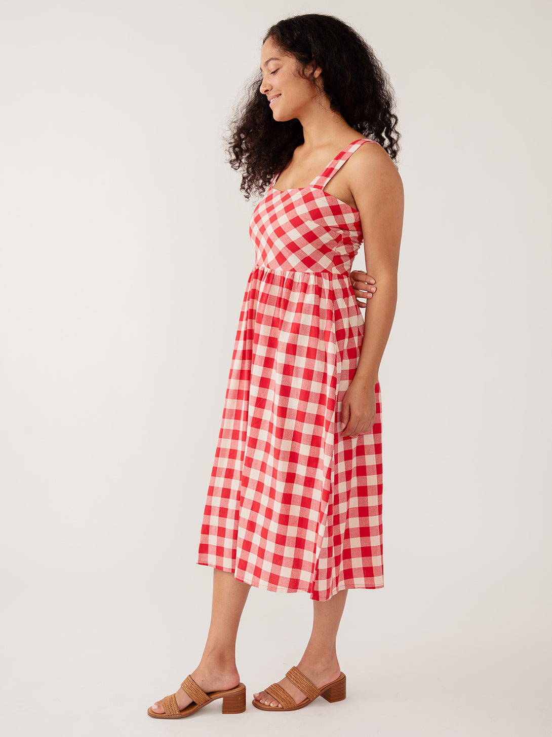 red white checked dress Women's Nikita Wide Strap Midi Dress Red Gingham | Fair Trade