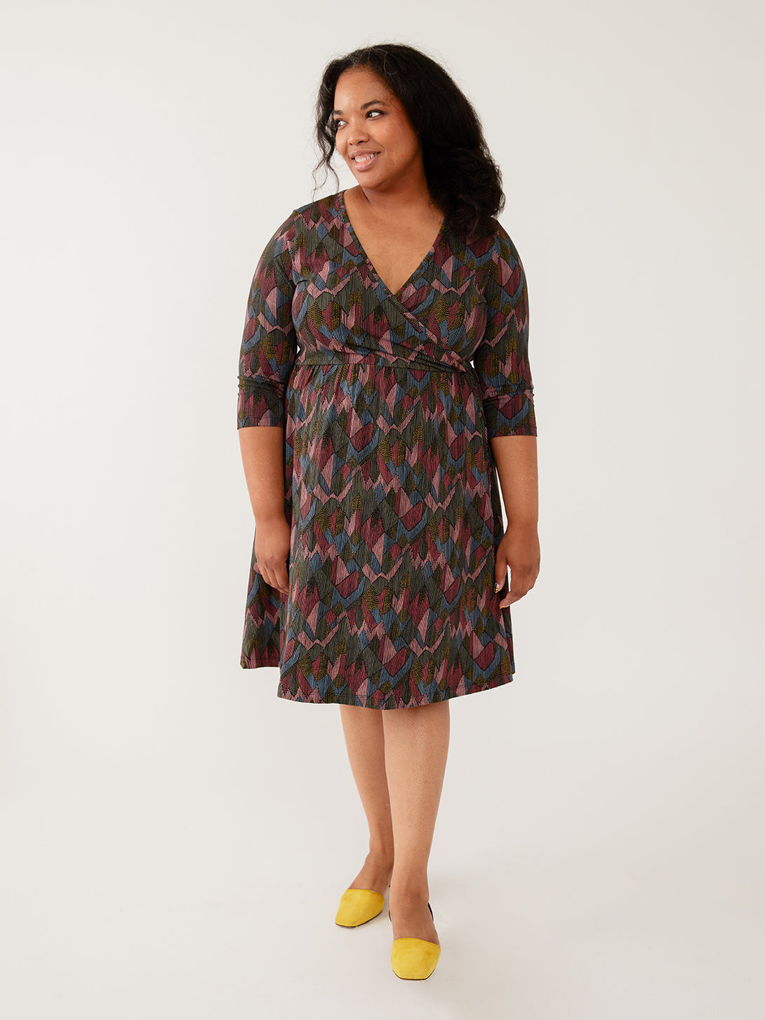 V neck plus size organic cotton jersey fall print geometric print dress - Mata Traders
