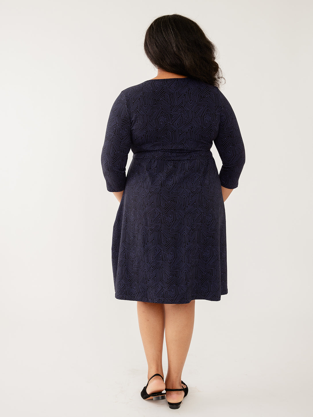 Back View Mata Traders Navy Blue Organic Jersey cotton wrap dress knee length - Mata Traders