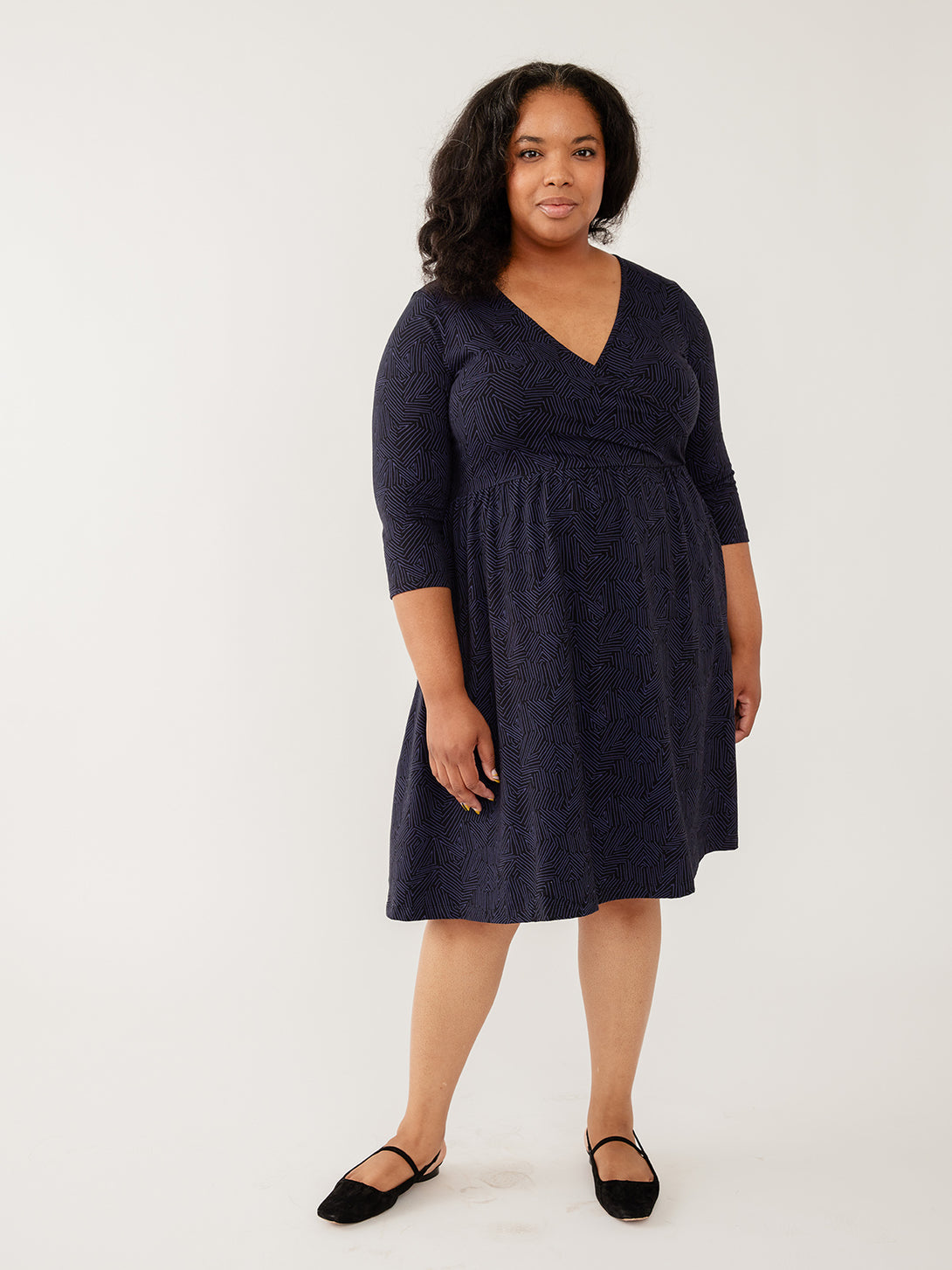 Plus size navy blue wrap dress for wedding -  organic cotton on model  - Mata Traders