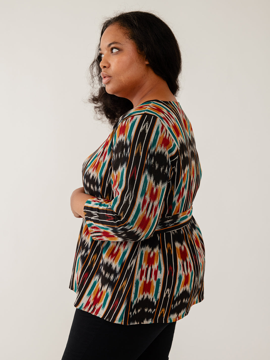 Plus Size Women's Crossroads  Mid Sleeve Length Jacket - Handwoven Black Ikat Print Fair Trade Fashion